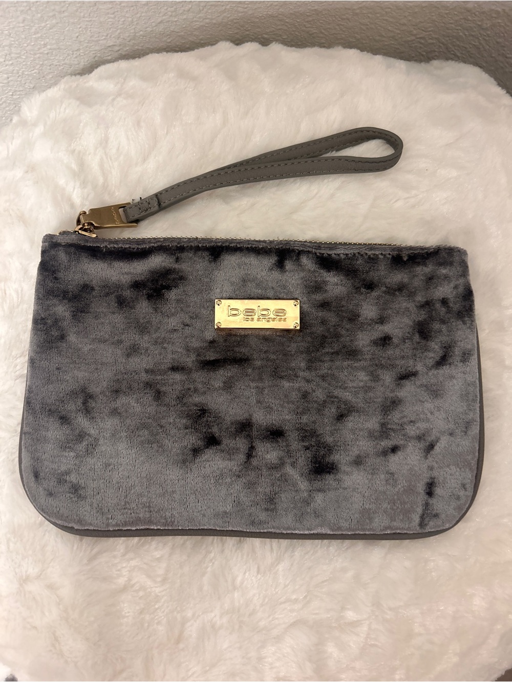 Bebe Gray Velvet Wristlet Clutch with Gold Logo